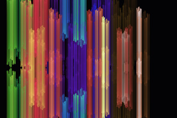 Multicolored motley pattern of vertical rays on a black background. Abstract fractal 3D rendering