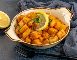 Closeup shot of hot and spicy potatoes served with lemon and greens, hot appetizer