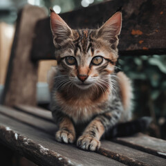 Obraz premium Stray kitten on a bench. Generative AI.