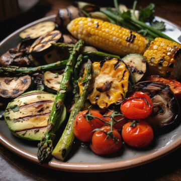Grilled vegetables on wooden table.