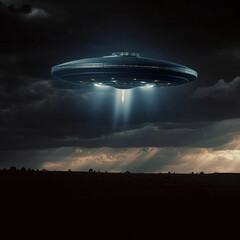 Naklejka na ściany i meble Alien spaceship (UFO) hovering over the field. Generative AI.