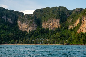 Beach with large cliffs and greenery