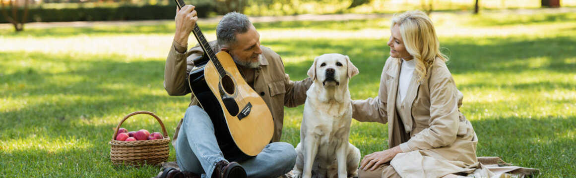 cheerful middle aged man playing acoustic guitar near blonde wife and labrador dog during picnic in park, banner.