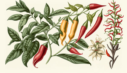 chili pepper vintage botanical illustration style, generative AI