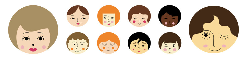 Feminine look, abstract personage, mascot design, funny face, cute icon.