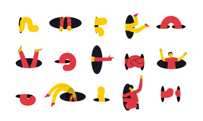 Search, explore concept. Different people coming, flying, jumping, looking through and out of holes. Happy enthusiastic funny men and women. Graphic vector illustration