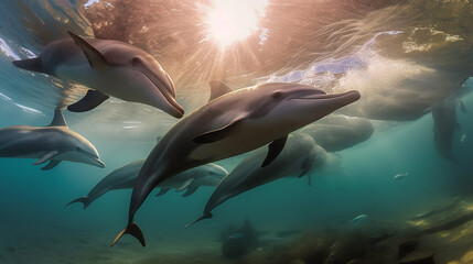 Earth's Day. Dolphins diving under the sea at sunset - AI generated