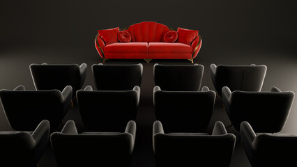 Obraz premium leadership concept with red and blak sofa on a dark background. 3D render