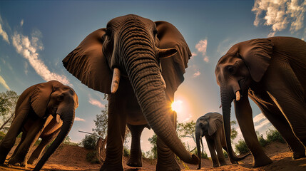 Fototapeta na wymiar Earth's Day. Portrait of a family of elephants with the sky in the background, in Africa - AI Generated