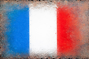 Flag of France. Flag of France on the background of water drops. Flag with raindrops. Splashes on glass