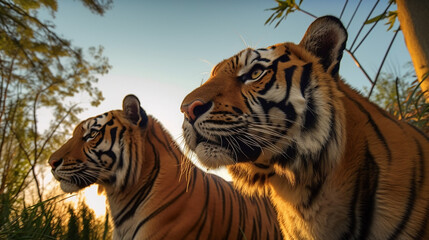 Fototapeta na wymiar Earth's Day. Portrait of two tigers from the side at sunset with the sky in the background - AI Generated