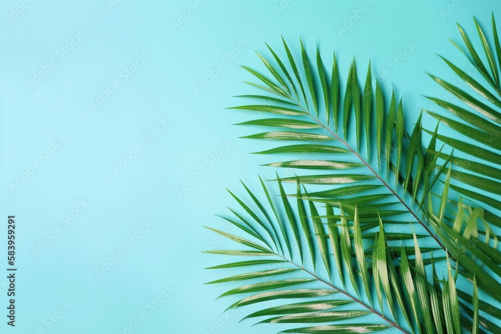 Poster a palm leaf on a blue background with copy - space. generative ai