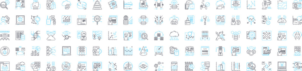 Data analysis vector line icons set. Analytics, Mining, Exploration, Modeling, Visualization, Inference, Statistics illustration outline concept symbols and signs