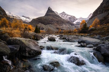 Valley of Ferpecle in autumn before sunset, with a river surrounded by golden larches