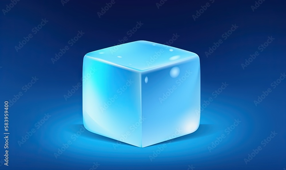 Poster a blue cube with a reflection on the surface of water. generative ai