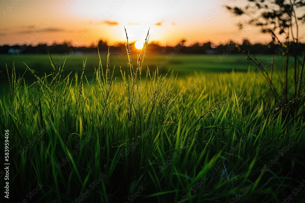 Poster the sun is setting over a field of grass with tall grass in the foreground. generative ai