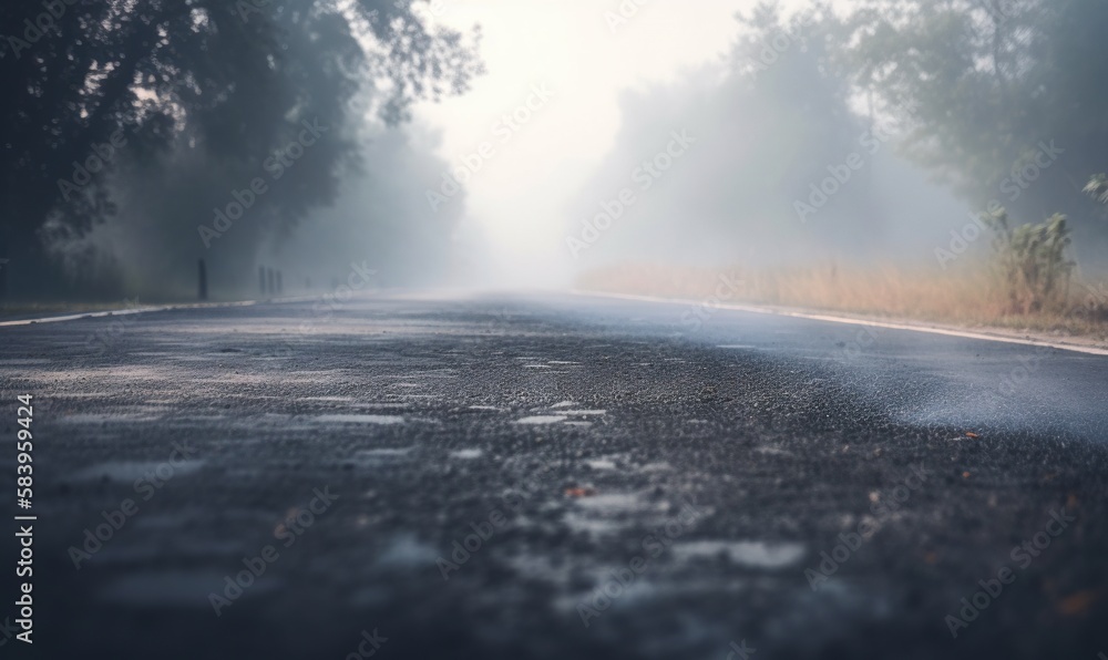 Poster a foggy road with trees and grass on both sides. generative ai