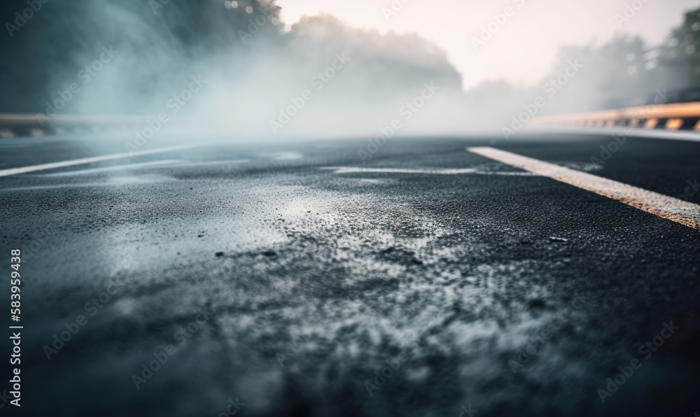 Poster a wet street with a line of trees in the background. generative ai
