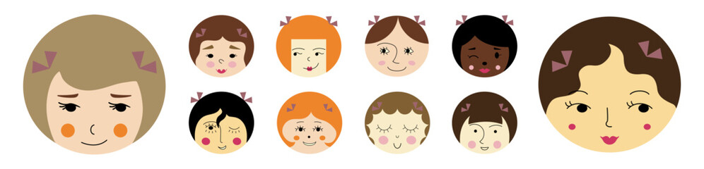 Feminine look, abstract personage, mascot design, funny face, cute icon.