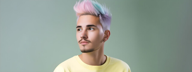 Young european gay bisexual man with multi-colored hair stands in the studio and poses for the camera portrait advertising banner space for text Ggenerative AI