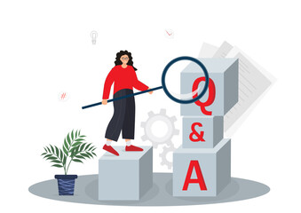 Woman, girl standing near Q and A letters, asking a question concept, teamwork concept, successful problem solving, flat vector illustration