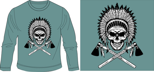 RED INDIAN SKULL WITH AXE t-shirt graphic design vector illustration
