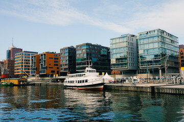 Cityscape of Sandtorhafen canal in Hamburg, Germany