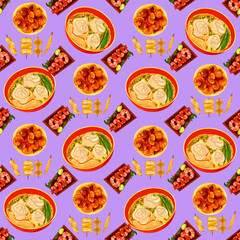 Chinese food seamless pattern. Hand drawn different types of asian food in wooden steamers repeating background. Tasty chinese food, delicious har gao, sticky rice, rolls.