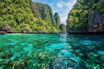 Snorkeling Adventure, Underwater View, Vibrant Marine Life, Coral Reefs, Phi Phi Islands, Generative AI