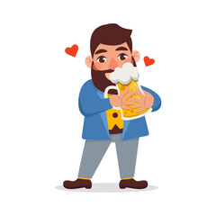 Man with a beard in a jacket drinks light beer with love. Vector graphic.	