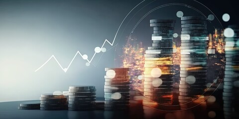 Double exposure graph and row of coins for finance and business concept by ai generative