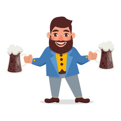 Man with a beard in a jacket holds two glasses of dark beer. Vector graphic.