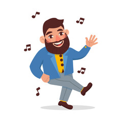 Man with a beard in a jacket dances to the music. Vector graphic.	