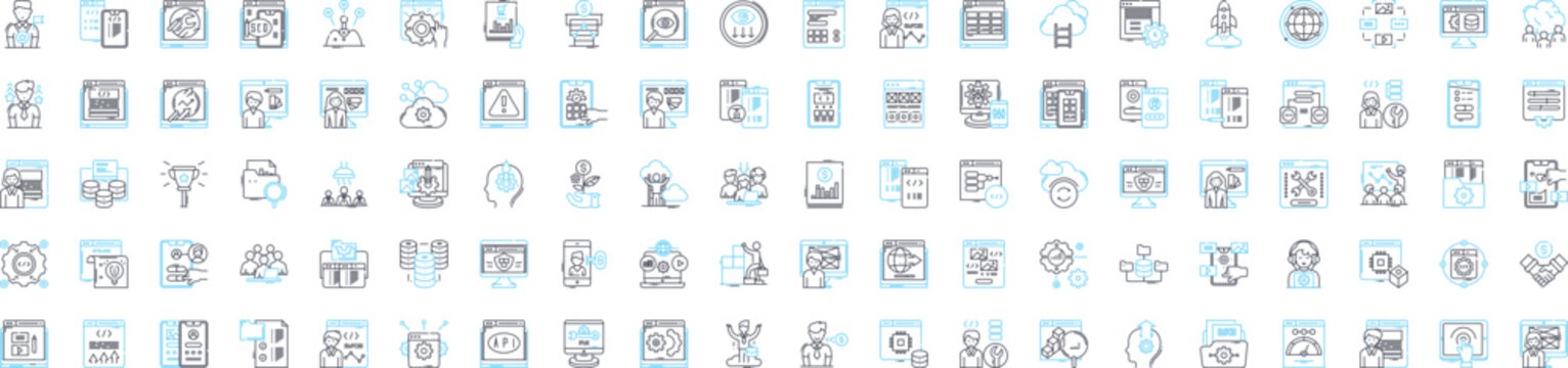 Web development vector line icons set. Web, Development, HTML, CSS, JavaScript, AJAX, PHP illustration outline concept symbols and signs