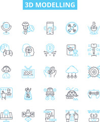 3d modelling vector line icons set. 3D, Modelling, Modeling, CAD, Design, Rendering, Simulation illustration outline concept symbols and signs