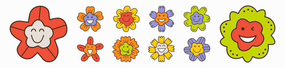 Smiling flower, abstract personage, mascot design, funny face, cute icon.
