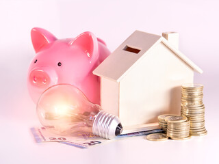 Stack of coins, a wooden house, a piggy bank and a light bulb on white background. Home economics...