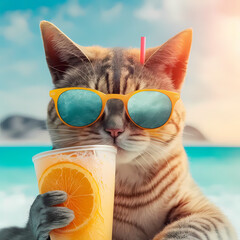 Adorable Cat With Orange Juice. Generative AI