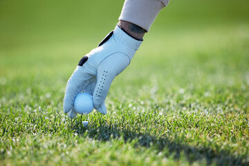 Closeup of gloved male hand picking up golf ball on green grass, copy space
