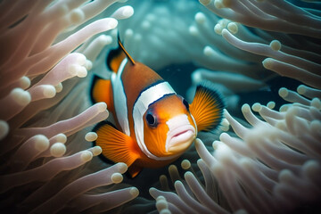 Naklejka na ściany i meble Baby Clownfish in Colorful Coral Reef - Underwater POV generative ai