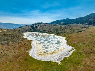 View of Spotted Lake, saline, alkaline lake located in Osoyoos in valley in British Columbia, Canada