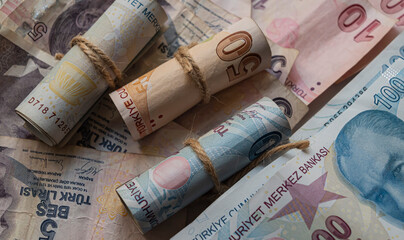Turkish lira banknotes. economy concept.turkish liras on background.selective focus.