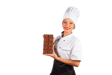 head chef, Brazilian cook, from the Northeast, holding a bar of chocolate, specialist in the preparation of chocolate. Easter.