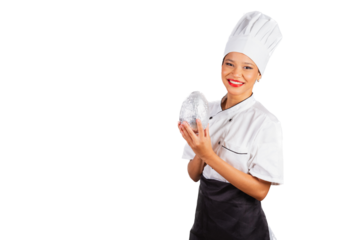 head chef, Brazilian cook, from the Northeast, holding an Easter egg, chocolate in the shape of an egg, specialist in the preparation of chocolates.