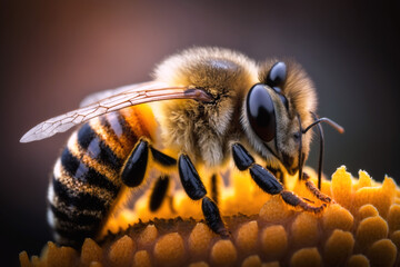 A bee sits on a honeycomb, a macro, unusual photo.