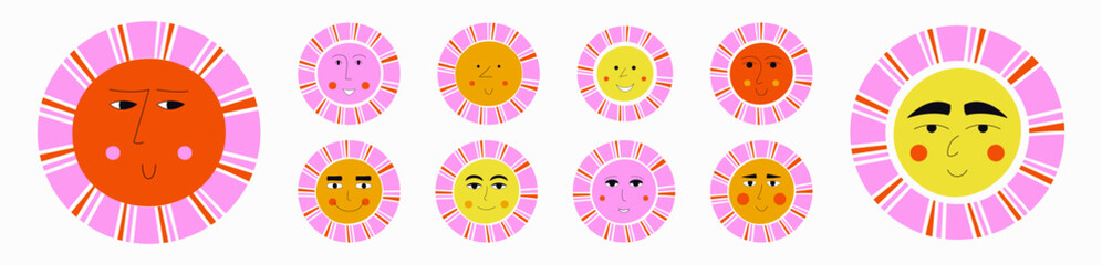 Smiling sun, abstract personage, mascot design, funny face, cute icon.