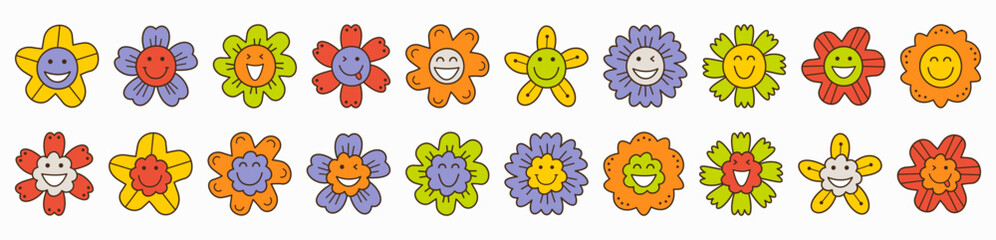 Smiling flower, abstract personage, mascot design, funny face, cute icon.