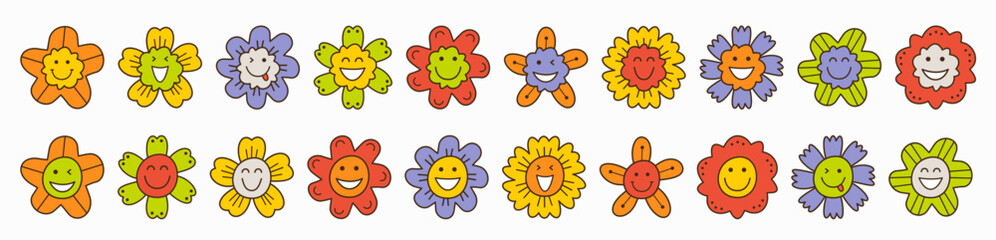 Smiling flower, abstract personage, mascot design, funny face, cute icon.