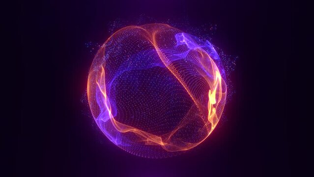 Abstract looped energy sphere of particles and waves of magical glowing on a dark background, video 4k, 60 fps