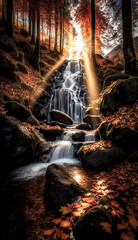 Fototapeta na wymiar A tranquil waterfall is surrounded by the yellow and orange hues of autumn foliage, illuminated by the warm sunlight. - generative ai